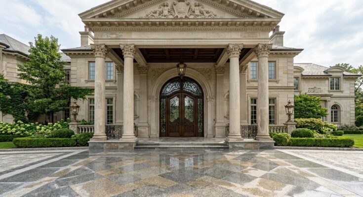 Grand estate portico with polished granite flooring and oversized double doors with intricate glasswork.