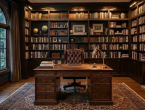 Library home office with espresso floor-to-ceiling bookshelves, large wooden desk, executive leather chair, and task lighting.