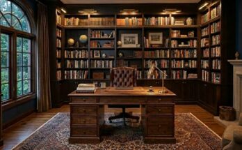 Library home office with espresso floor-to-ceiling bookshelves, large wooden desk, executive leather chair, and task lighting.