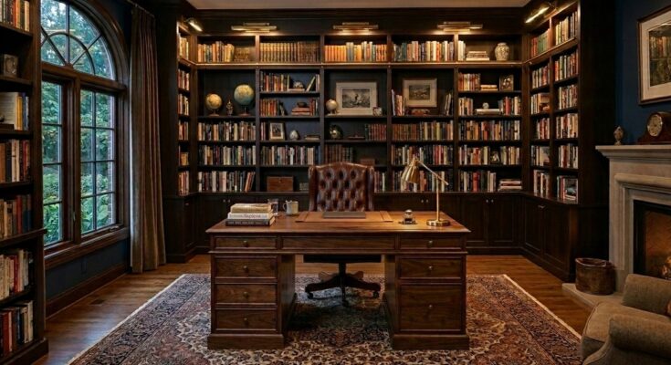 Library home office with espresso floor-to-ceiling bookshelves, large wooden desk, executive leather chair, and task lighting.