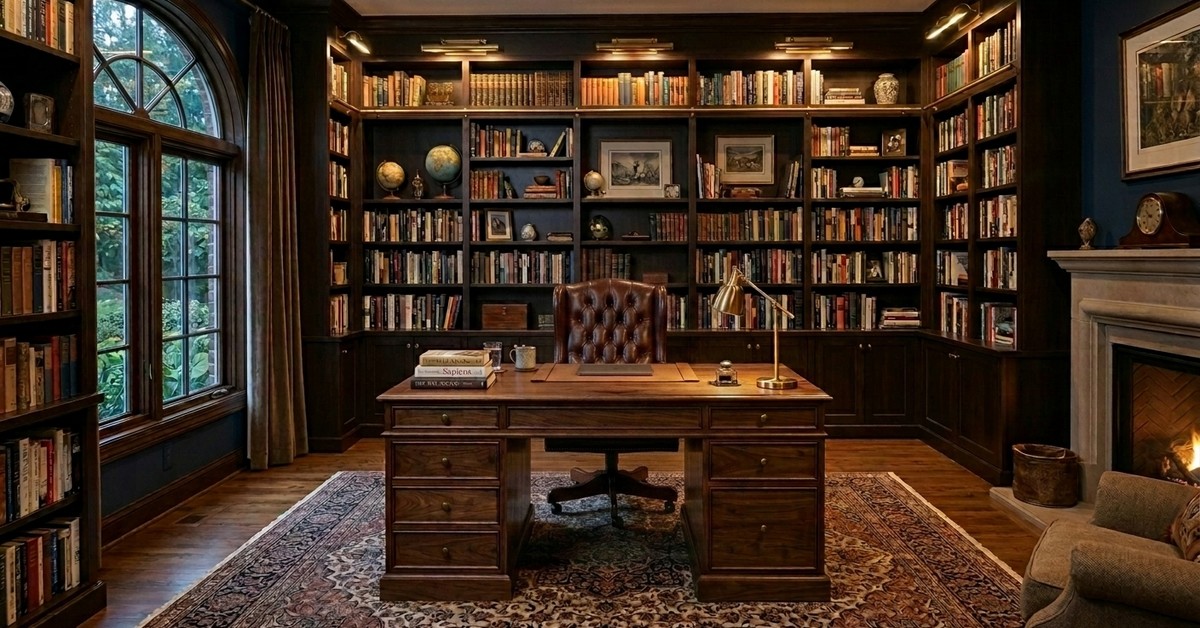Library home office with espresso floor-to-ceiling bookshelves, large wooden desk, executive leather chair, and task lighting.