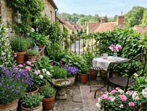 Small space cottage garden with potted lavender, jasmine, dwarf roses, a mini birdbath, and a bistro set.
