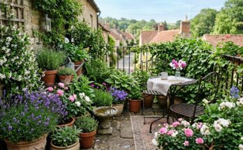 Small space cottage garden with potted lavender, jasmine, dwarf roses, a mini birdbath, and a bistro set.