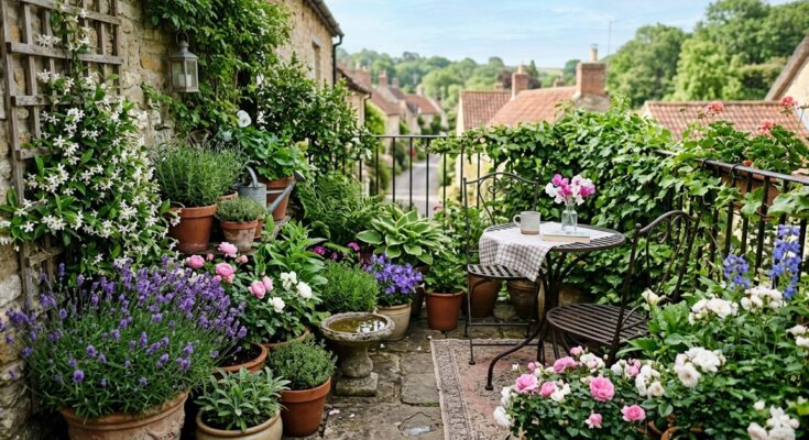 Small space cottage garden with potted lavender, jasmine, dwarf roses, a mini birdbath, and a bistro set.