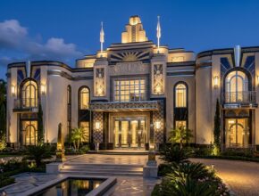 Art Deco inspired facade with geometric patterns, chrome, and decorative tiles.