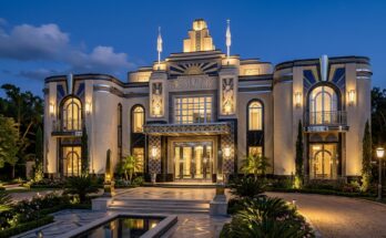 Art Deco inspired facade with geometric patterns, chrome, and decorative tiles.