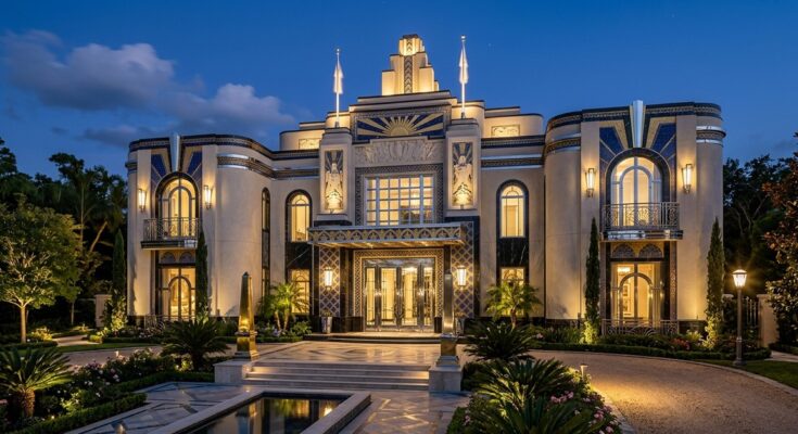 Art Deco inspired facade with geometric patterns, chrome, and decorative tiles.
