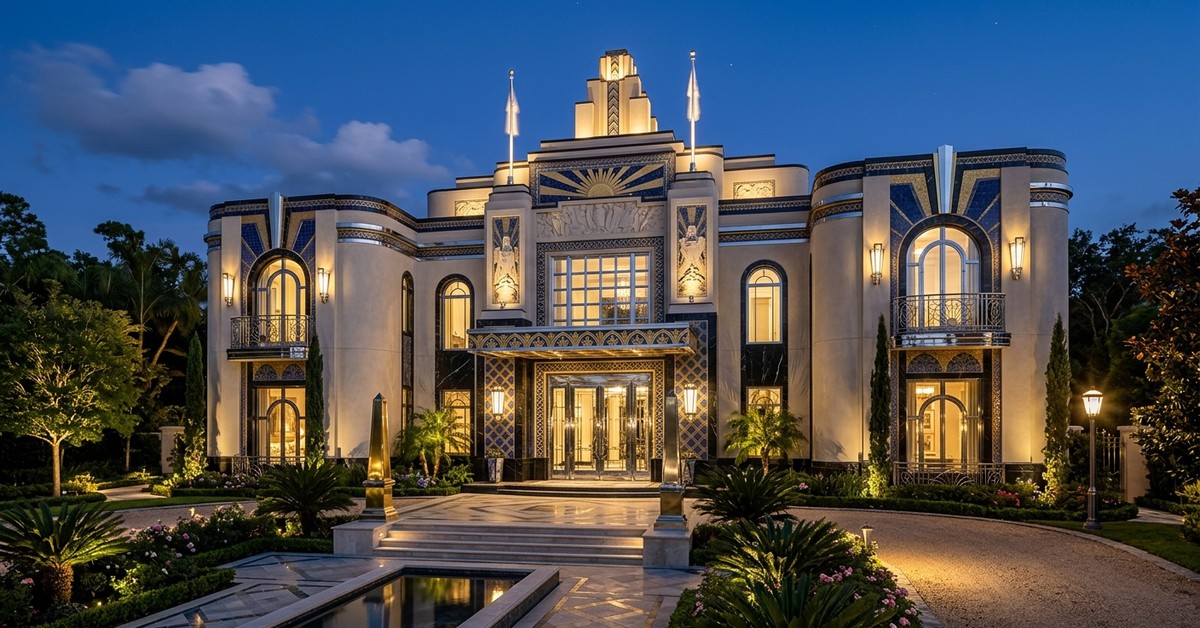 Art Deco inspired facade with geometric patterns, chrome, and decorative tiles.