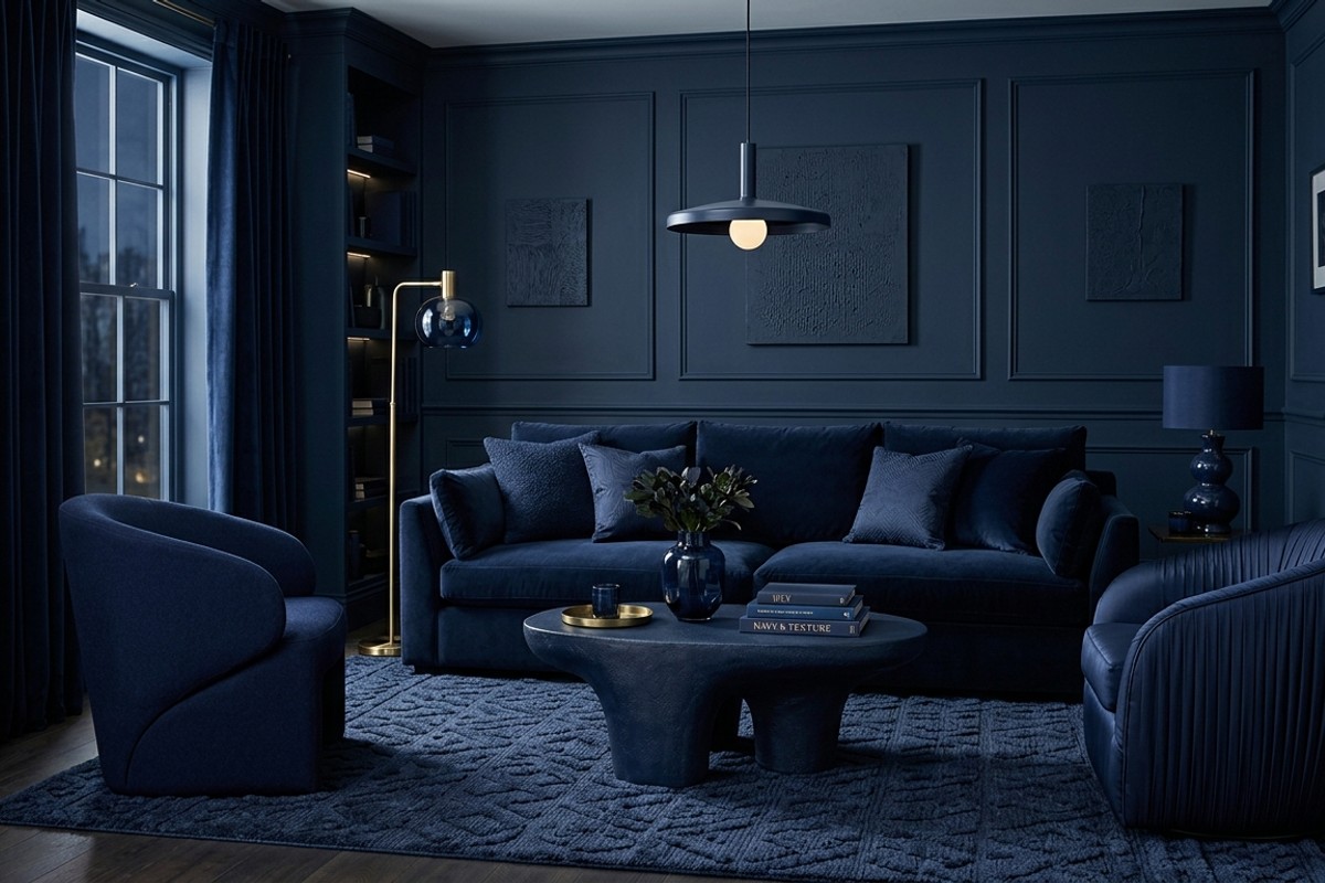 Monochromatic navy living room with layered velvet, wool, and silk fabrics, and subtle patterns.