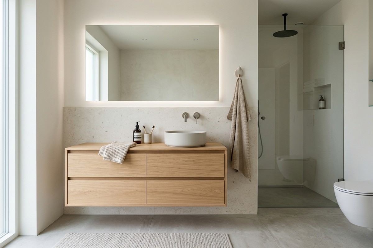 Minimalist bathroom with high-quality vanity and integrated storage