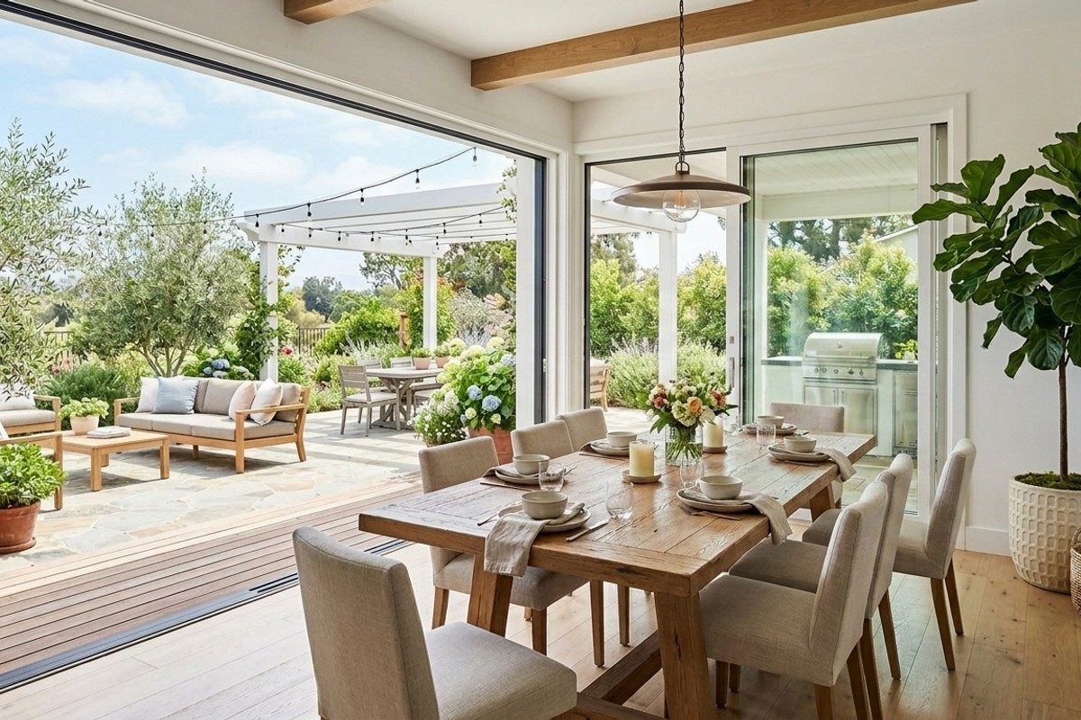 Dining room with large sliding glass doors opening to a patio, featuring a lush fiddle leaf fig tree indoors.