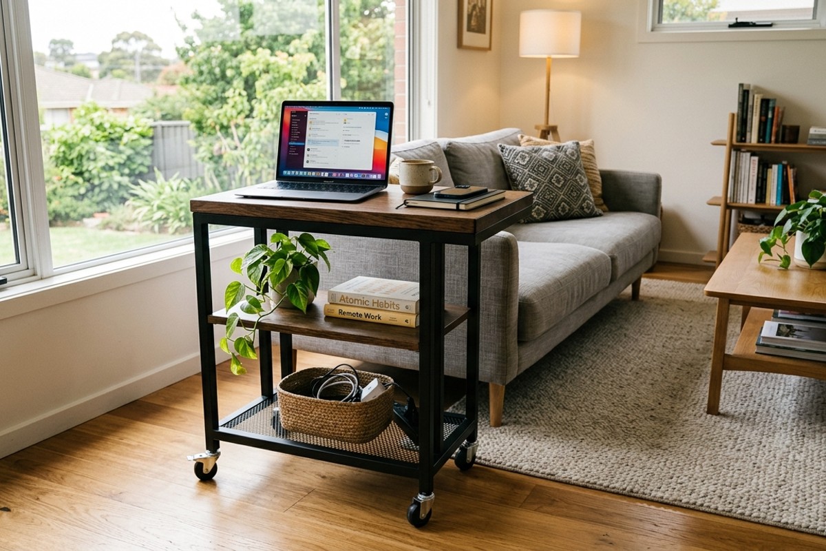 Portable workstation cart with matte black metal frame and solid wood top on wheels.