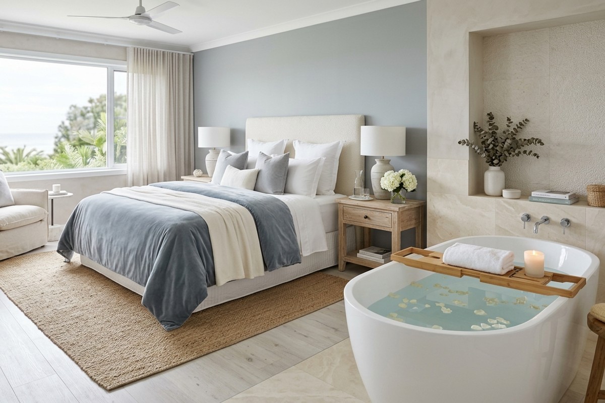 Spa-Inspired Luxe bedroom with whites, creams, grey-blues, plush bedding, and a soaking tub.