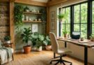 Biophilic sanctuary home office with live-edge wood desk, abundant plants, stone accents, and natural light