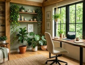 Biophilic sanctuary home office with live-edge wood desk, abundant plants, stone accents, and natural light