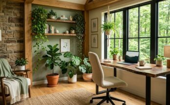 Biophilic sanctuary home office with live-edge wood desk, abundant plants, stone accents, and natural light