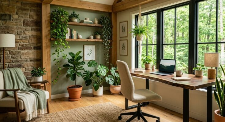 Biophilic sanctuary home office with live-edge wood desk, abundant plants, stone accents, and natural light
