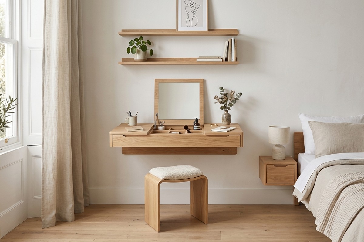 Minimalist wall-mounted light wood desk with integrated drawers for hidden storage