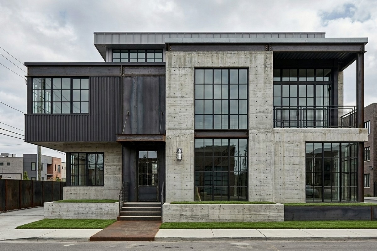 Industrial chic home facade with exposed concrete, steel, large grid-patterned windows, and dark metal accents, creating an urban, utilitarian aesthetic.