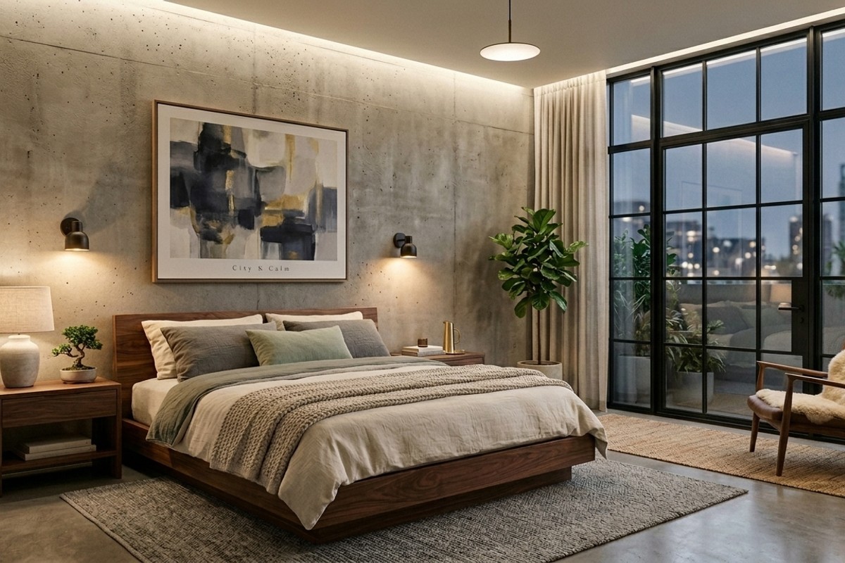 Urban zen oasis serene bedroom with concrete accents, walnut furniture, strategic lighting, and minimalist art.