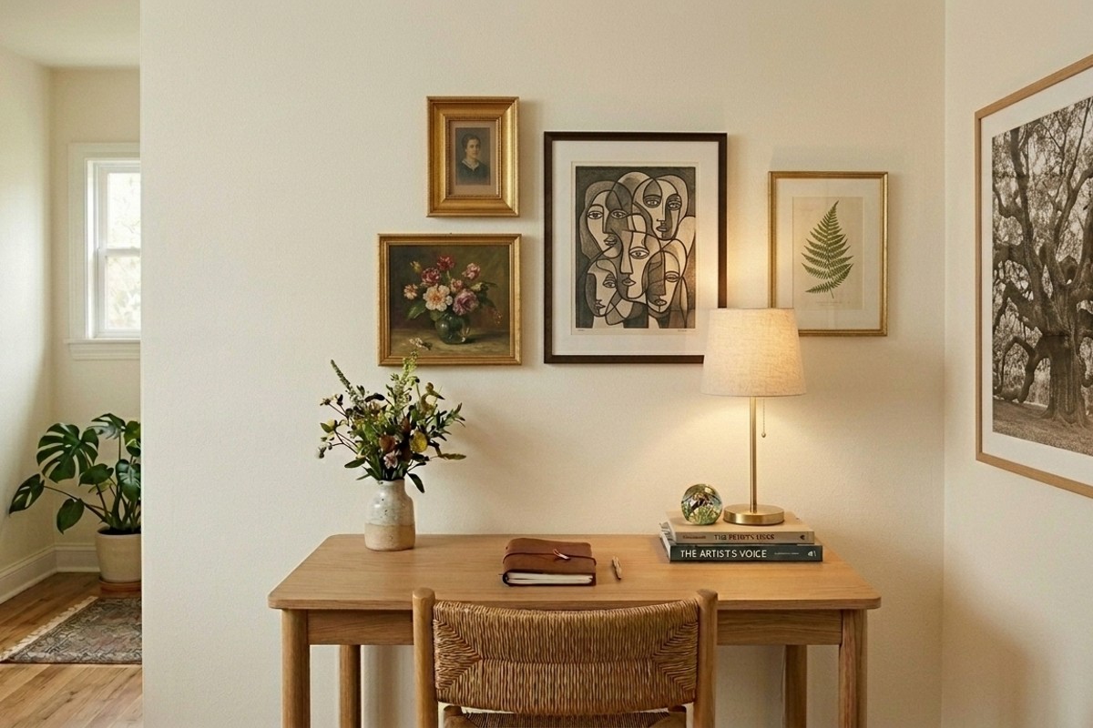 Small desk camouflaged beneath a vibrant gallery wall with curated art and minimal accessories.