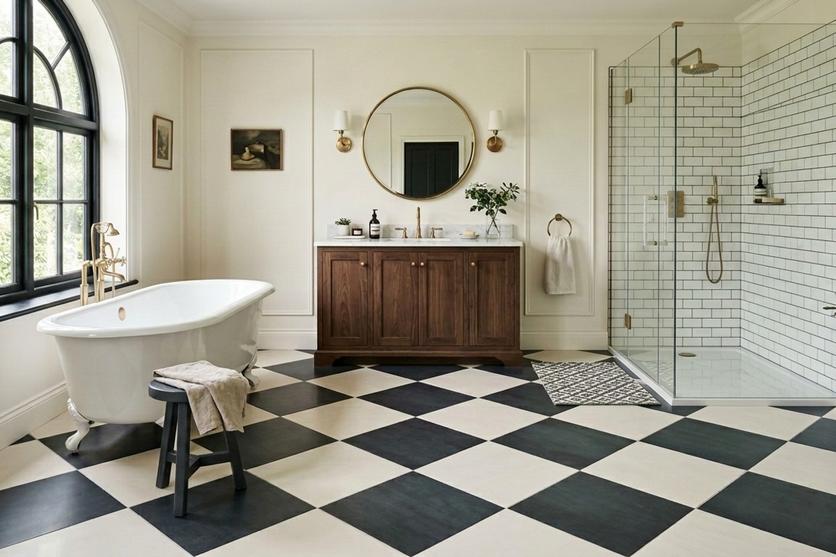 Checkerboard chic bathroom with large-format deep charcoal and ivory square tiles laid diagonally on the floor.
