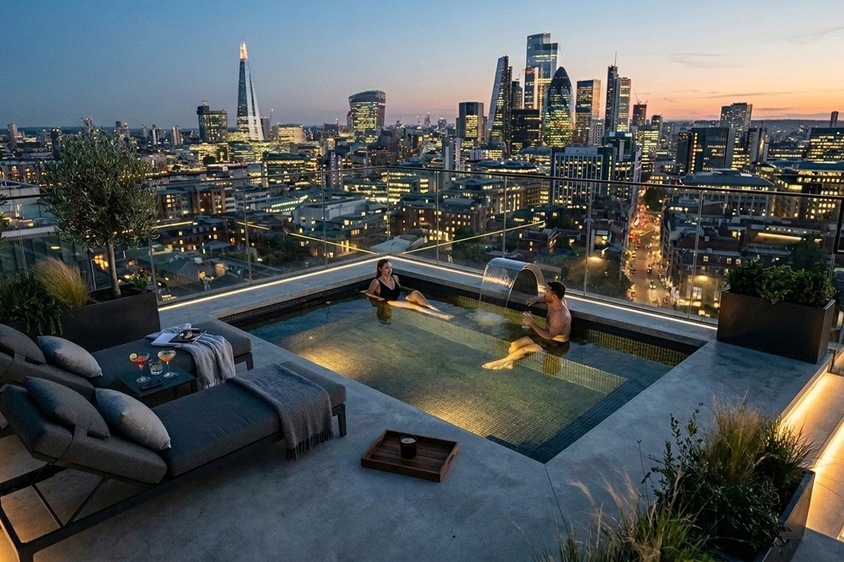 Urban rooftop plunge pool with glass railings, built-in benches, and city skyline views.
