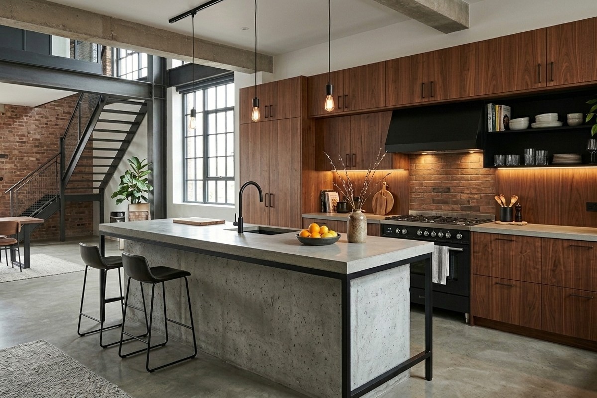 Industrial kitchen with a concrete island base and rich walnut wood cabinetry.
