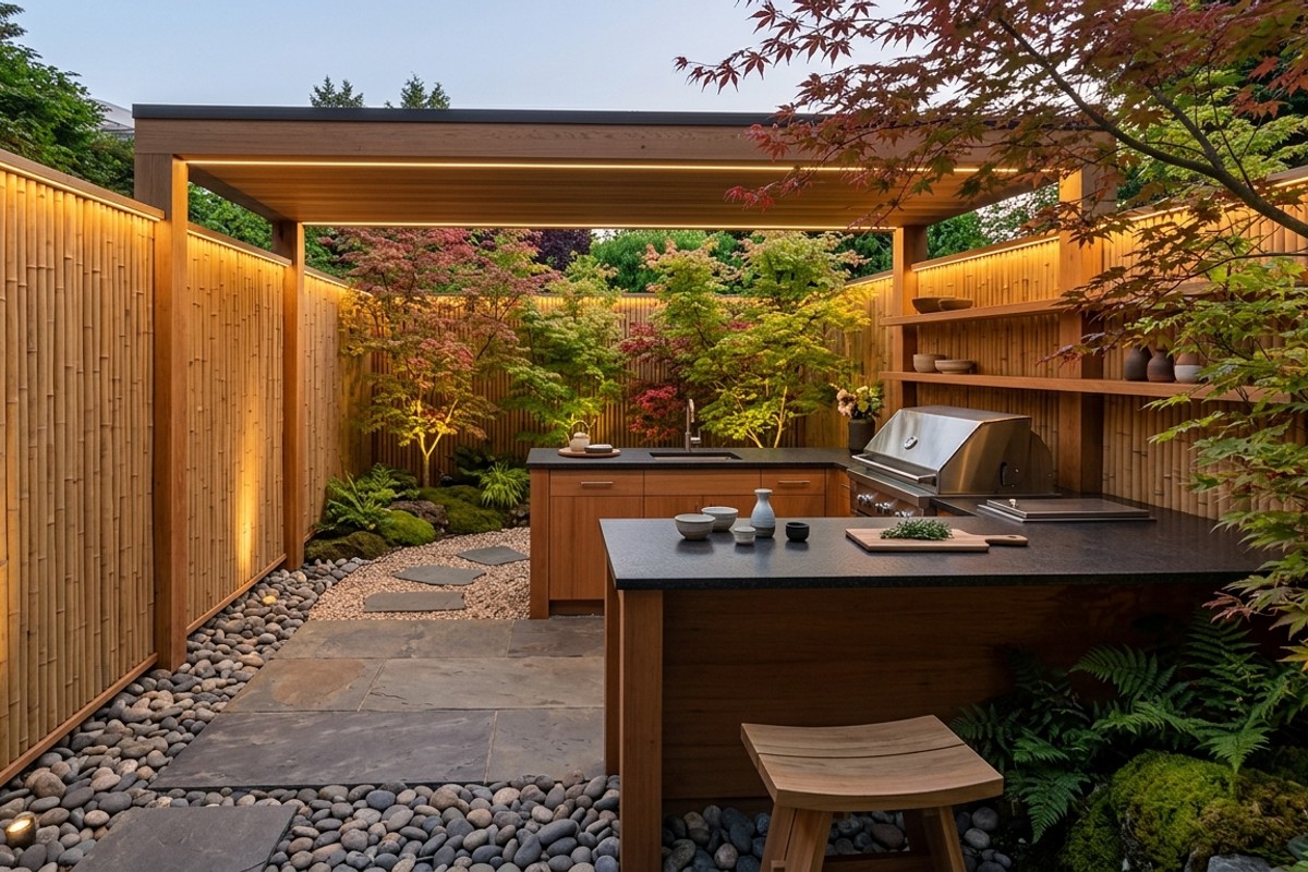 Contemporary Zen outdoor kitchen with bamboo screens, honed granite countertops, a built-in grill, and indirect lighting.