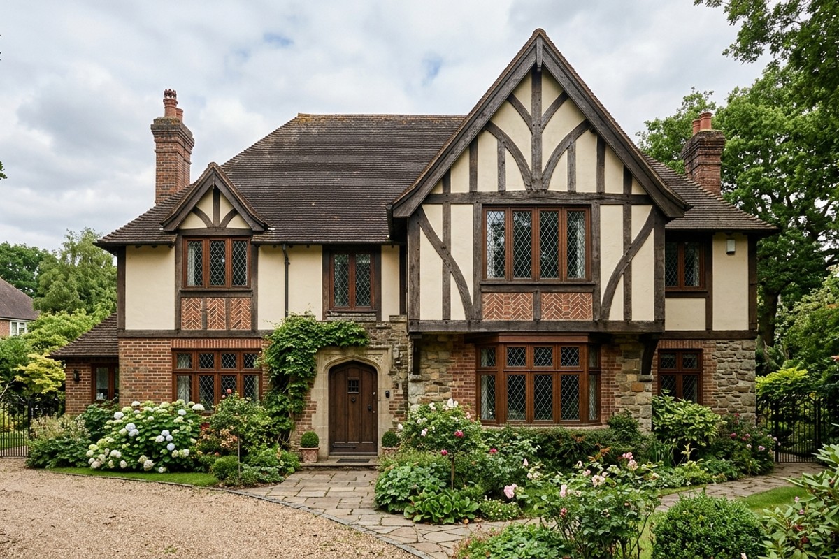 Tudor Revival home facade with steeply pitched gables, decorative half-timbering, tall narrow windows, and a mix of stucco, brick, and stone, evoking storybook charm.