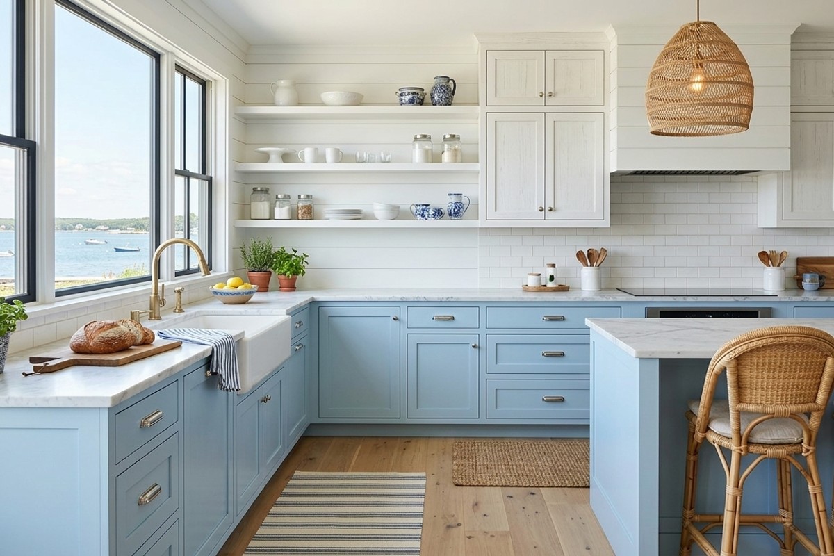 Coastal kitchen with light sky-blue lower cabinets and shiplap-inspired white upper cabinets.