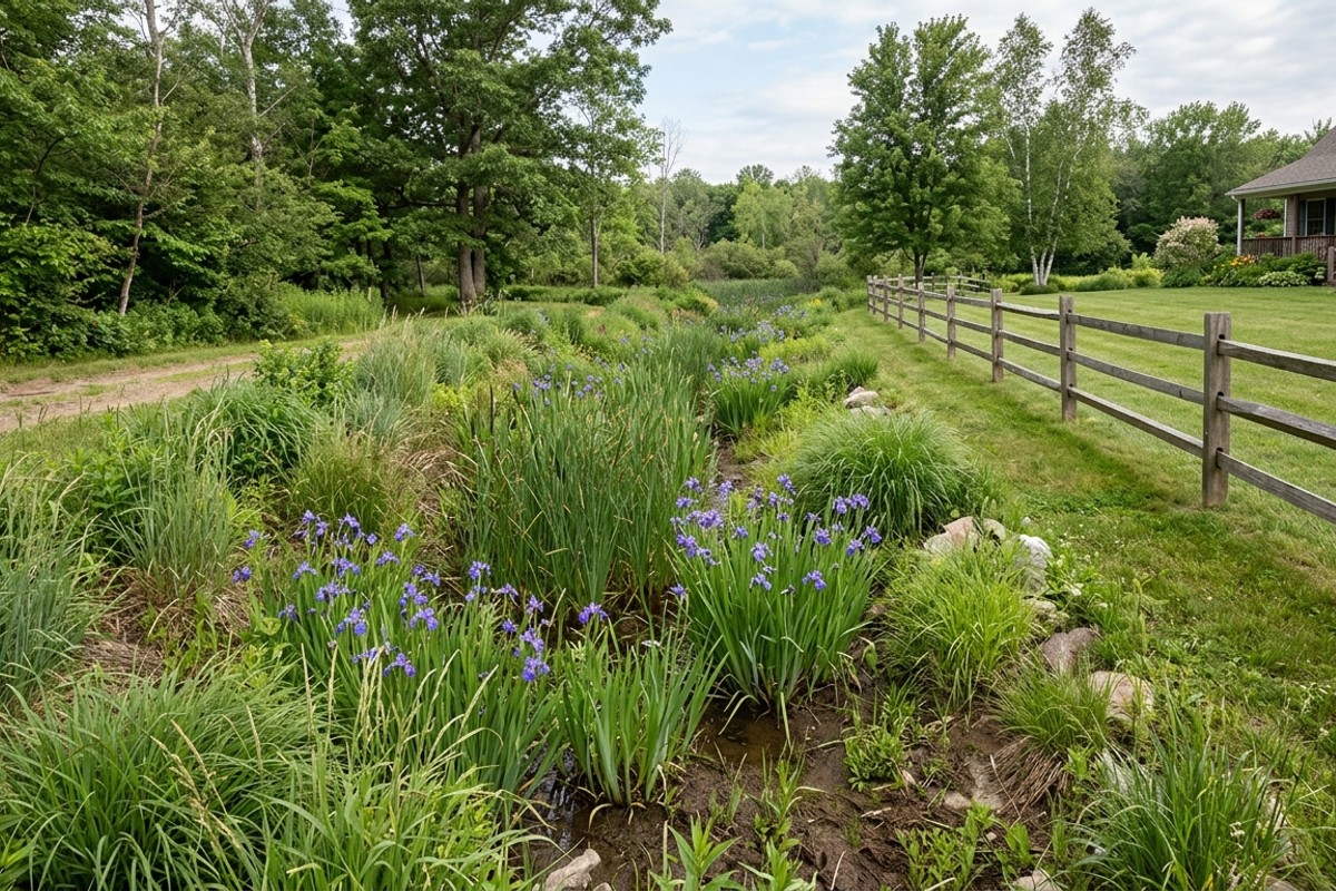 Bio-swale border with native grasses, rushes, and blue flag irises, designed for stormwater filtration.