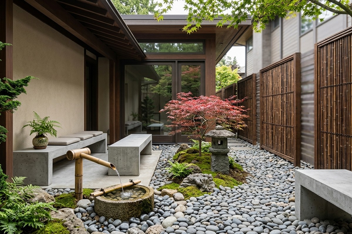 Zen serenity patio with river stones, bamboo screens, concrete benches, water feature, and Japanese maples
