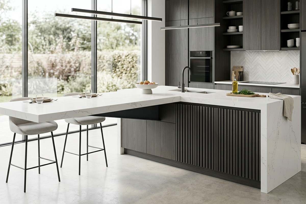 Modern kitchen island with a dramatic cantilevered countertop extension, appearing to float with hidden support.