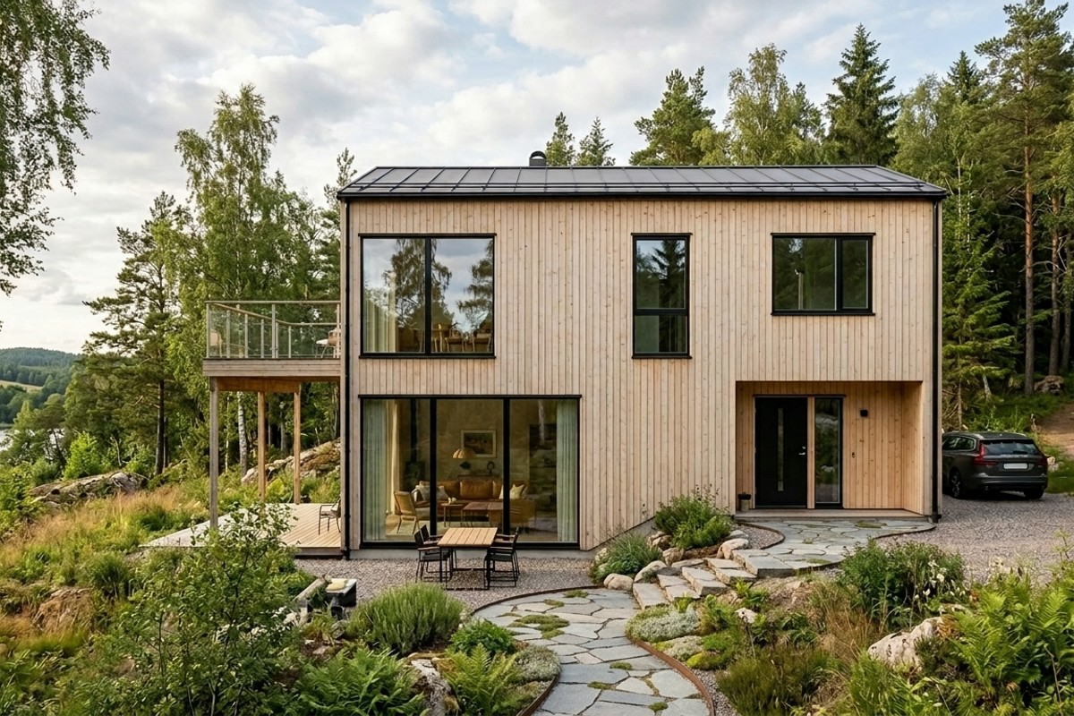 Scandinavian home exterior with light-colored wood siding, minimalist black window frames, and simple rooflines, showcasing natural materials and serene design.