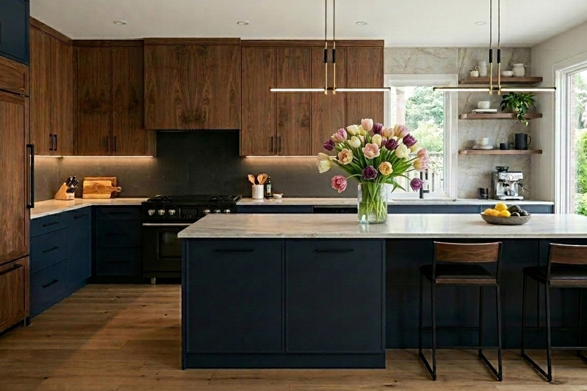 Elegant kitchen with deep navy base cabinets and rich walnut upper cabinets.