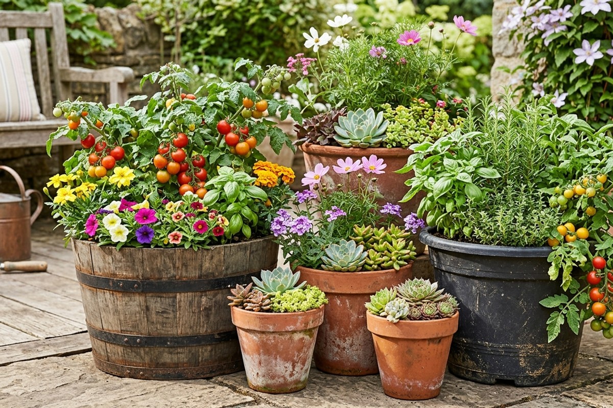 Eco-friendly container garden with terracotta pots, recycled plastic, and whiskey barrels, filled with edibles and succulents.