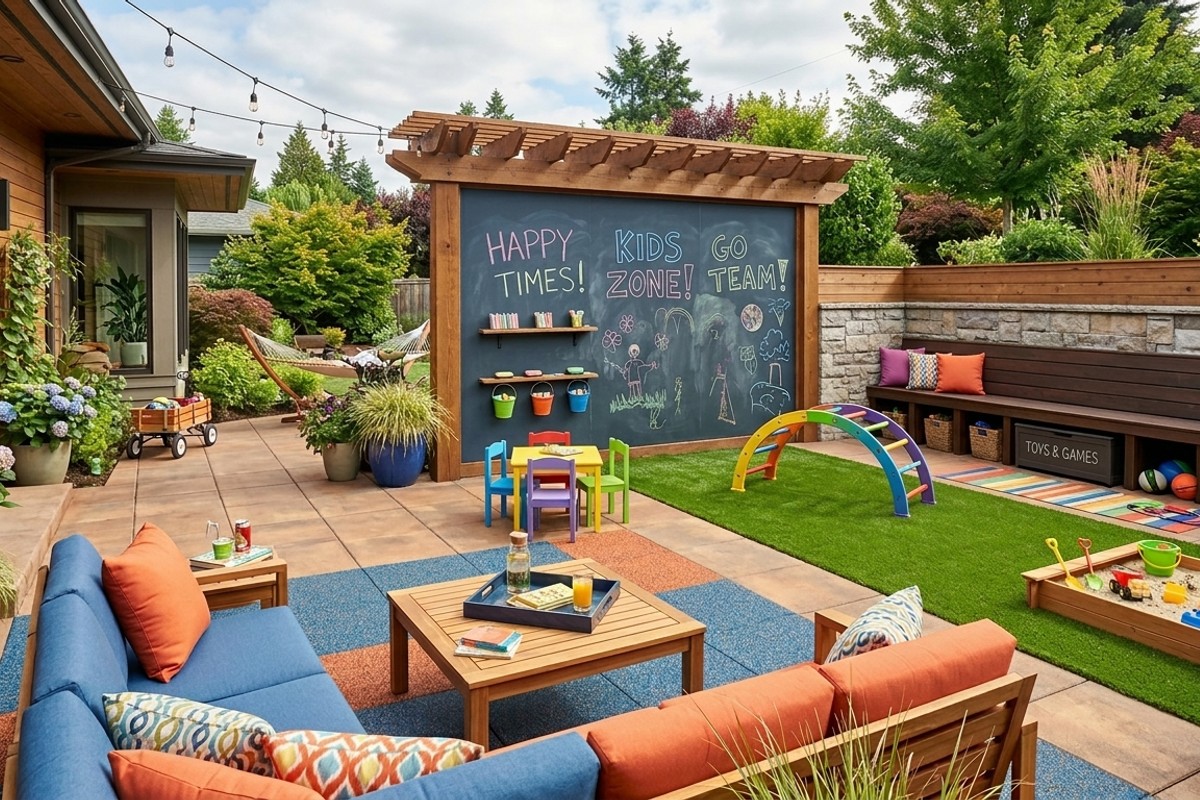 Playful family patio with chalkboard wall, turf area, storage bench, and colorful furniture