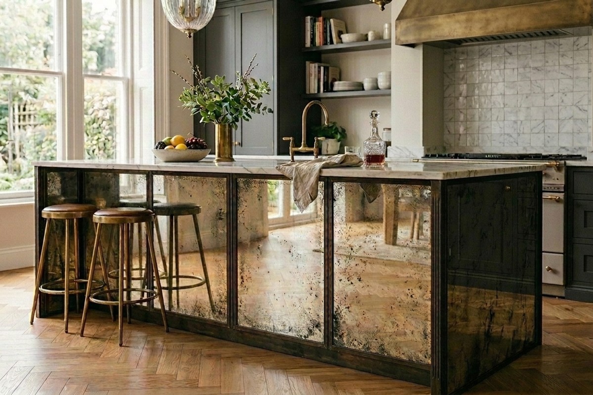 Kitchen island with an antiqued mirror base, reflecting light and adding vintage glamour and depth.