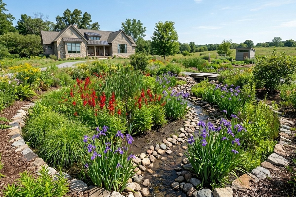 Bowl-shaped rain garden with purple irises, green sedges, and red cardinal flowers, designed for water filtration.