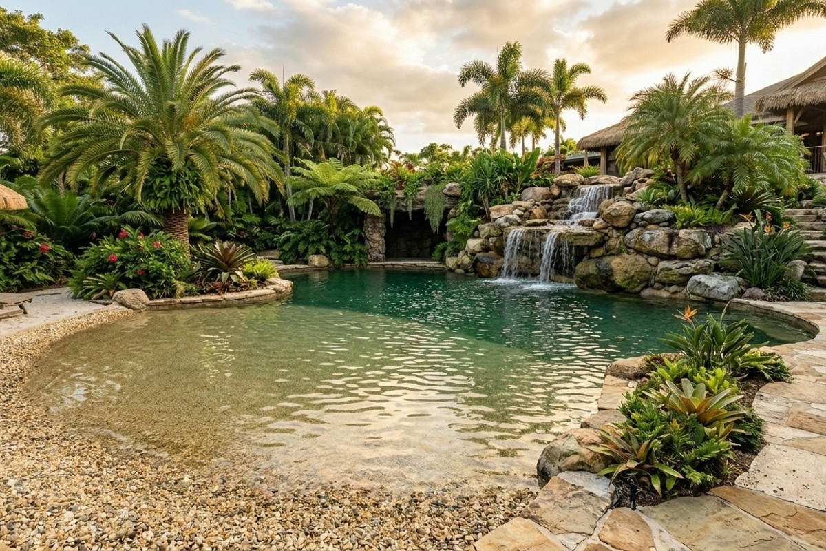Tropical lagoon pool with zero-entry beach, pebble aggregate, natural rock waterfall, and lush palms.