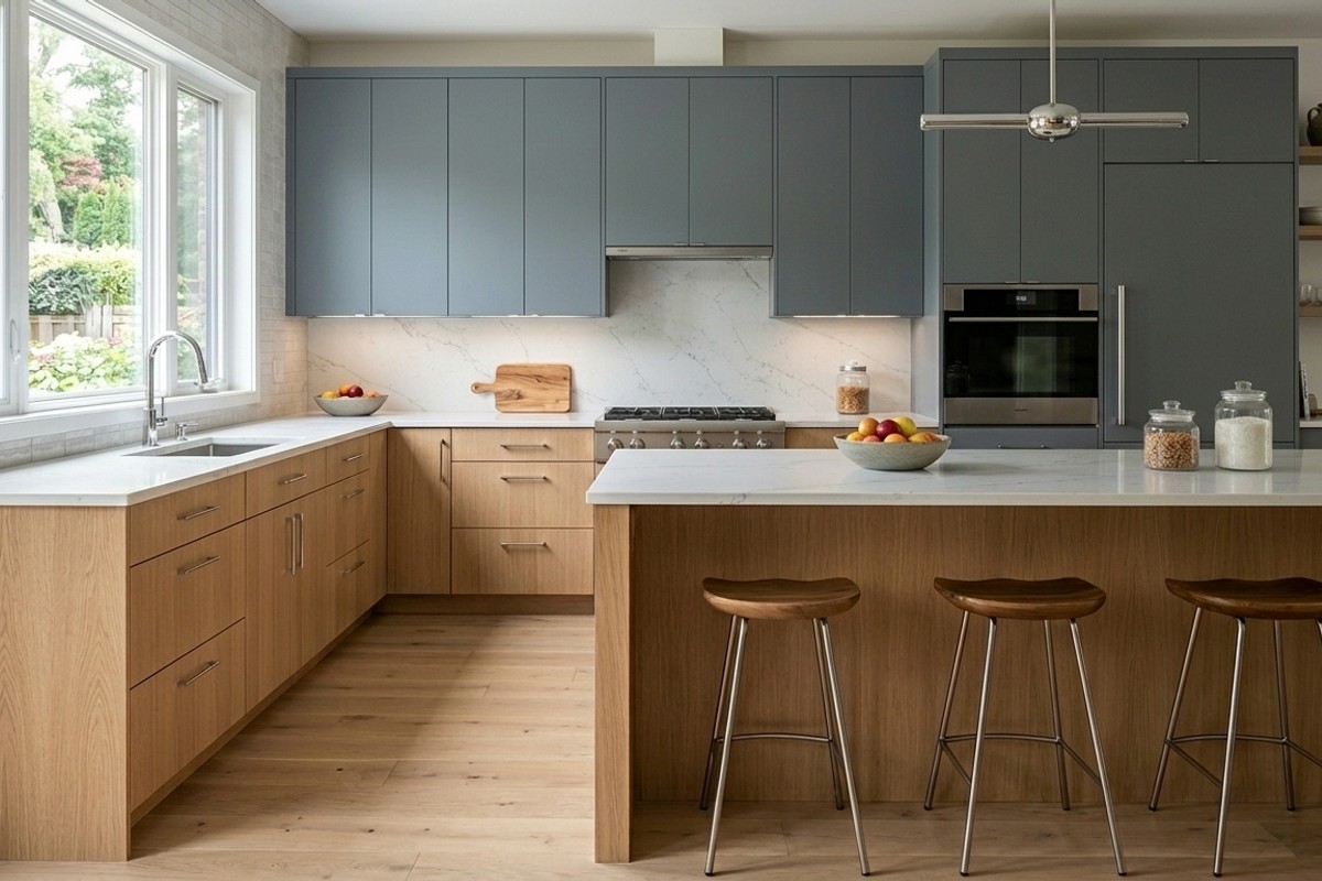 Contemporary kitchen featuring rift-sawn white oak base cabinets and matte slate grey upper cabinets.