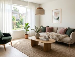 Modern Scandinavian living room with light oak floors, white walls, streamlined sofa with sheepskin, and jute rug.