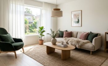 Modern Scandinavian living room with light oak floors, white walls, streamlined sofa with sheepskin, and jute rug.
