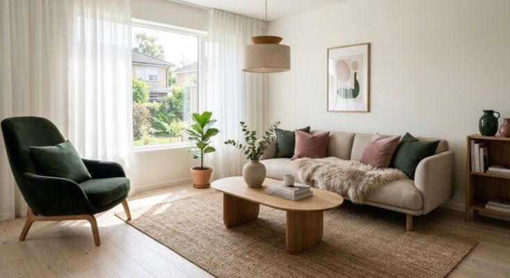Modern Scandinavian living room with light oak floors, white walls, streamlined sofa with sheepskin, and jute rug.
