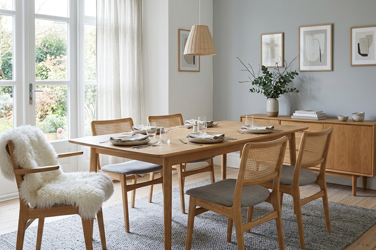 Scandinavian dining room with light wood table, ergonomic chairs, crisp whites, soft greys, and natural light.