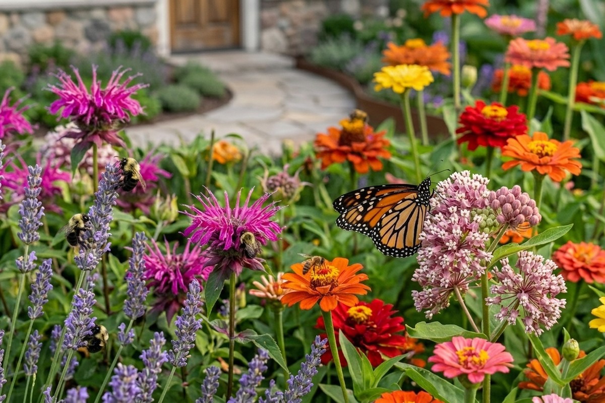 Vibrant pollinator paradise garden with lavender, bee balm, zinnias, and milkweed attracting butterflies and bees.