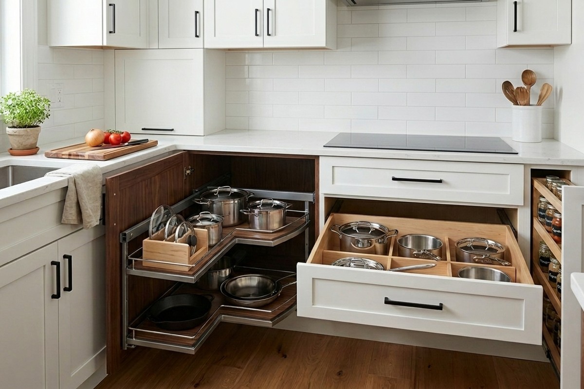 Kitchen with deep drawers, custom dividers for pots, and corner pull-out systems, showcasing efficient smart storage.