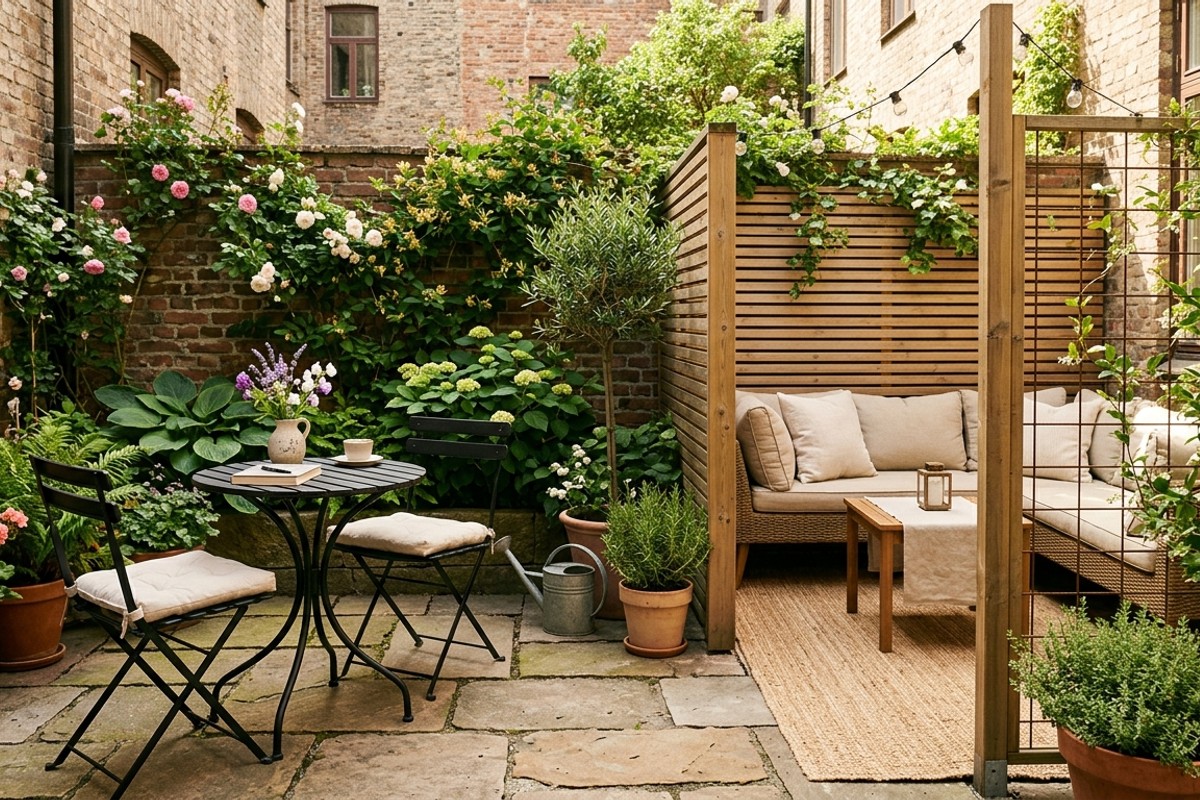 Small backyard with flagstone patio, bistro table, and lounging zone