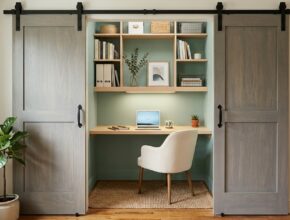 Closet conversion home office with grey wash barn doors, a light birch floating desk, and 'Sea Salt' green interior paint.